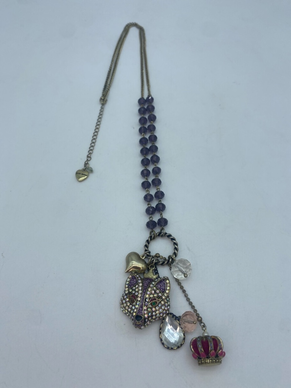Betsey Johnson Purple Beaded Fox Pendant Necklace with Crown Charm